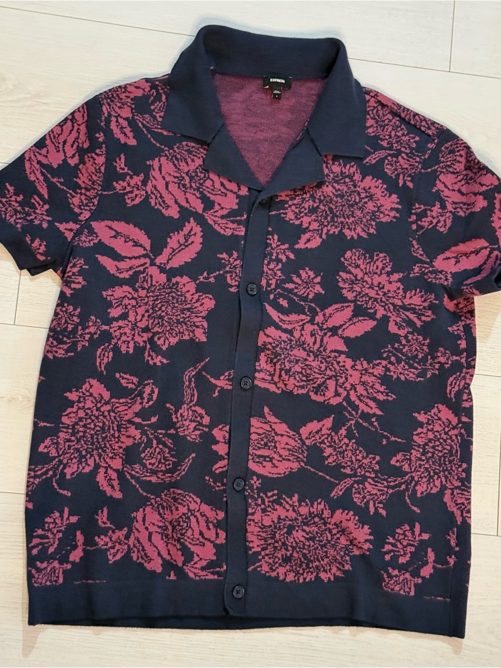 Express Men’s Navy & Pink Floral Knit Polo Cardigan